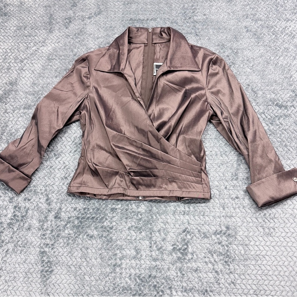 Vintage 1990s Tadashi Shoji Bronze/Brown Satin Formal Wrap Blouse Size 12